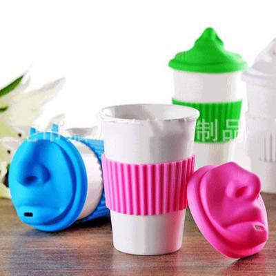 China 3D Colors Human Face Shape Ceramic Cups Disposable Leakproof Water Cup With Silicone Cover Person Kiss Coffee Lid Drinks Water Ceramic Cup for sale