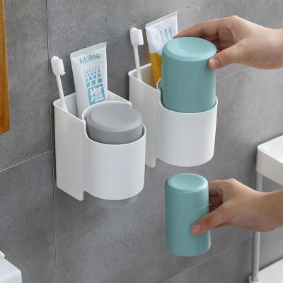 China Durable Plastic Double Wash Set Mouthwash Cup Set Wall Mounted Mouthwash Cup Shelf Suction Cup Dental Toothpaste Toothbrush Holder for sale