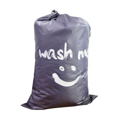 China Novelty Round Wash Me Hotel Nylon Travel Drawstring Collapsible Laundry Storage Foldable Mesh Bags Polyester 210D Polyester Dirty Laundry Bag for sale