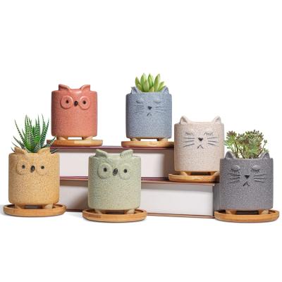 China WALL 2.5 inch Ceramic Succulent Pots Cartoon with Saucer Set of 6, Matte Small Cute Colorful Animal Planter, Plant Herb Cactus for sale