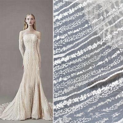 China Viable Fashionable French White Vertical Wedding Bridal Stripes Beads Embroidered Lace For Dress for sale