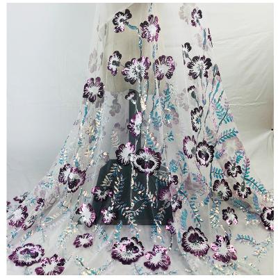 China Viable High Quality French Purple Tulle Flower Embroidery Lace Sequin Fabric for sale