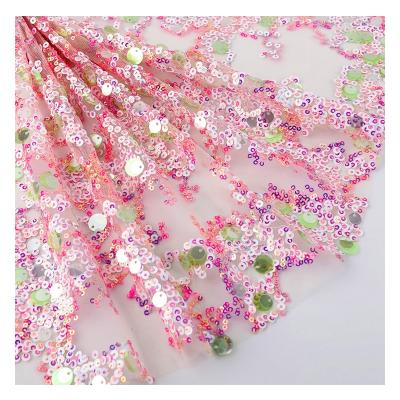 China Shiny Pink Sequin Tulle Lace Fabric Summer Viable Skirt Fabric for sale