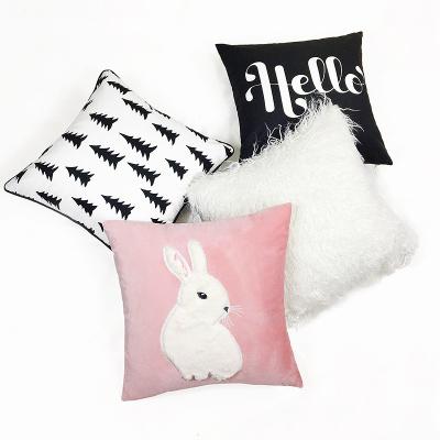 China Anti Dust Mite Hot Sale Cute Cushion White And Black Rabbit Soft Fluffy Sofa Fur Cushion for sale