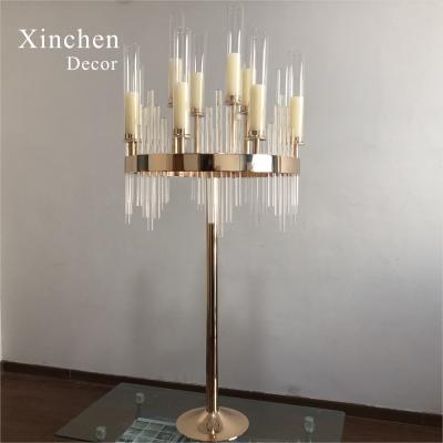 China New design hot luxury gold luxury crystal metal tube tall decoration wedding sale standing candelabra for sale