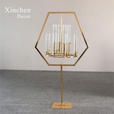 China Luxury Metal Crystal Candelabra Wedding Chandelier Centerpiece Golden Hexagon XC-405H Luxury New Design for sale