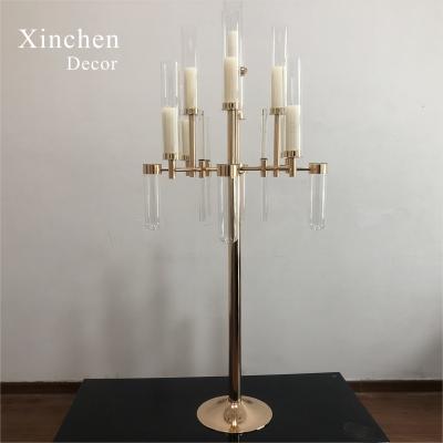 China XC-530G Hot Sale Luxury Wedding Centerpiece 1PM Gold Metal Frame with Tubes Crystal Candelabra for sale