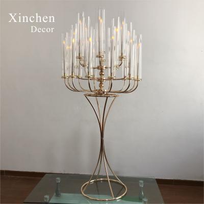 China Best Selling Luxury Reversible Wedding Table Centerpiece Trumpet Pillar 25 Arm Metal Candelabra for sale