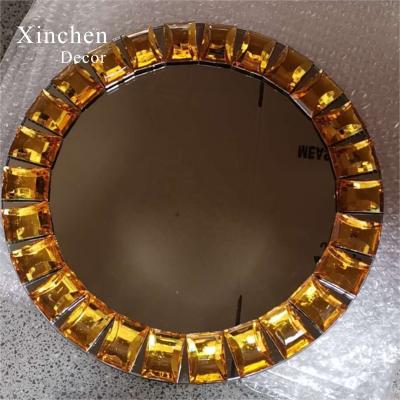 China Sustainable Best Selling Wedding Party 32 Cm Tall Gold Crystal Glass Mirror Charger Plates Jeweled &Dishes for sale