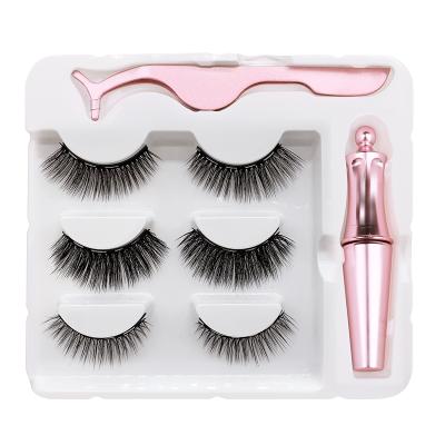 China 2021 New Hot Selling Natural Long Five Reusable Invisible Long Lashes Natural 1Eyeliner 3 Pairs Magnetic Eyelashes Waterproof False Lashes Set for sale