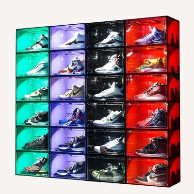 China Voice Control Lighting LED Sneakers Storage Box With Light Sound Activated Plastic Shoe Box Stackable Shoe Cabinet With Lid for sale