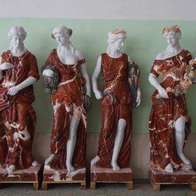 China Traditional Garden Decoration Hand Carving Four Seasons Goddess Sculpture Antique Red Marble Statue for sale