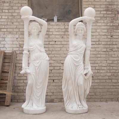 China Traditional Outdoor Garden Decoration White Marble Stone Hand Carved Lady Life Size Lamp Sculpture Marble Statue for sale