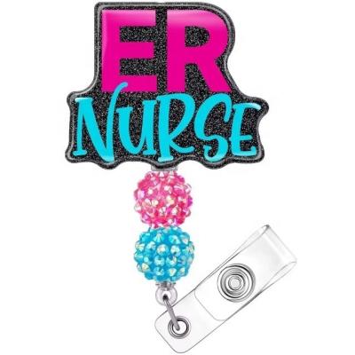 China Customized Color Fashion Resin Glitter Acrylic Beads Retractable Nurse Badge Reel Cute Anime Name Tag ID Card Holder Lanyard for sale