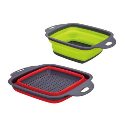 China Viable Plastic Folding Fruit Vegetable Silicone Folding Kitchen Tools Go Down Double Drain Basket Sieve Bowl Colander for sale