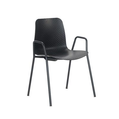 China Dining Chair Unique Design Customized PP Plastic Seat Middle Back Dining Chair With Metal Arm And Legs For Dining Room for sale