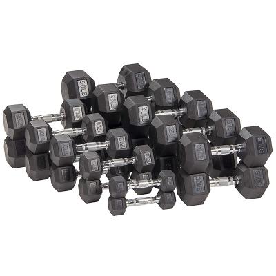 China Factory Supply China Comfortable 10LB 15LB 25LB 35LB 45LB 55LB Rubber Coated Hex Dumbbells Set for sale