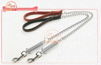 China Long Alloy Anti Bite Chain Leather Dog Collar And Leashes With Strong Spring Hook for sale