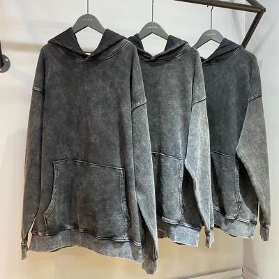 China Wholesale Black French Raw Cotton Anti-wrinkle Excellent Quality 100% Acid Wash Terry Oversized Black Mens Hoodie for sale