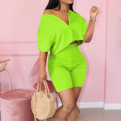 China 2021 Breathable 2 Pieces Set Women Summer Style Hot Cute Cute Fashion Colorful Two Piece Short Sets for sale