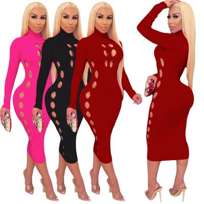 China Newest Breathable Simple Butt-Lift Hollow Out One-Piece Dress 2021 Casual Knit Women Bodycon Bandage Dresses Long for sale