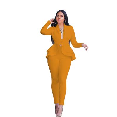 China Elegant Women Breathable Apparel Long Sleeve Solid Colored Pencil Pants Office Wear Two Piece Set Style for sale