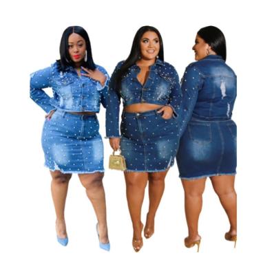 China New Product Anti Static Beading Decoration Washed Denim Striped Denim Short Sets Long Sleeve Coat And Skirt Plus Size Women Two Piece Set for sale