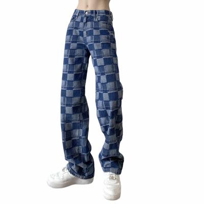 China Anti-Wrinkle Ladies Grid Printed Women Fashionistas Retro High Waist Casual Straight Street Trousers Trendy Women Jean Pants for sale