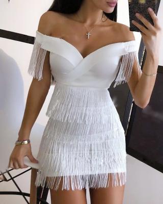 China Hot Selling Summer Breathable 2022 One Word Shoulder Sexy Girls In Tight Tassel Sequin Dress Mini Dress For Women for sale