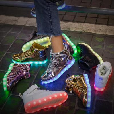 China Fashion Trend Best Selling Fashion Sneakers High Top Usb Charging Light Up Trainers Skate Shoes Basketball Style For Kids And Adults for sale