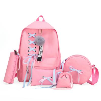 China New Style Bow 5 Pcs Set Korean Backpack Girl's Other Outdoor Canvas Backpack Middle School Student Schoolbag for sale