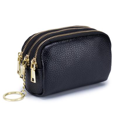 China New Fashion Leader Layer Whip Mini Wallet Three Zipper Zero Coin Clip Multifunctional Compact Short Key Case Wallet for sale