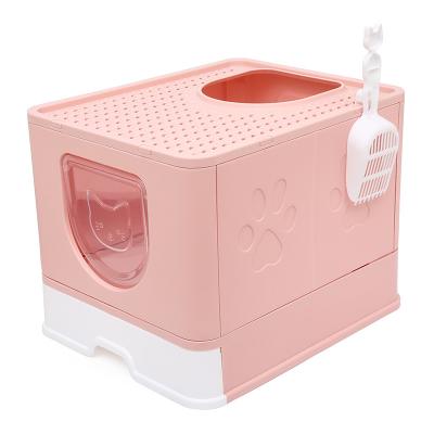 China Cats Thickened Cat Toilet Folding Cat Litter Box Fully Enclosed Cat Litter Basin Anti-splash With Plastic Scoop Pink/Blue/Gray for sale