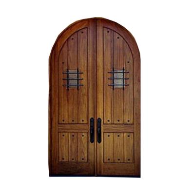 China Modern Wood Laser Cut Iron Door Front Double Arched Dark Wood Entry Doors for sale