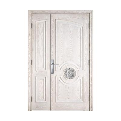 China Modern French Wood Veneer Oak Solid Wood Decoration Light Gray Color Finished Painting One And Half Front Doors With Unique Carving for sale