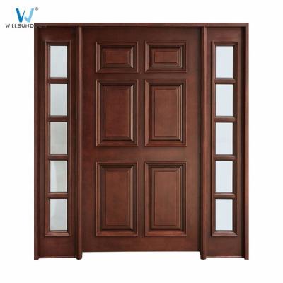 China Contemporary 72 x 108 Inch External Villa Engineered Customized 6 Panel Mahogany Wood Front Doors With Glass Sidelites for sale