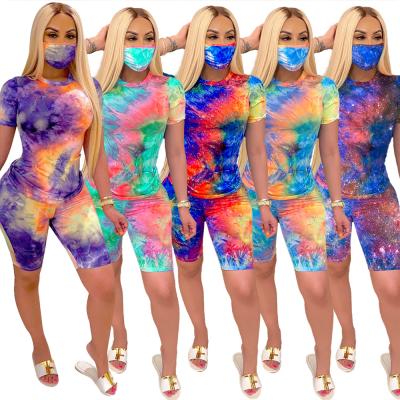 China F21185A 2020 Fashion Breathable Women Tie Dye Casual Round Neck Fashion Home Sports Shorts Women Sets for sale