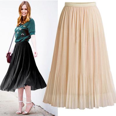 China F10681A 2018 plus size women's summer high waist skirts wild net yarn skirts ladies solid color pleated skirt for sale