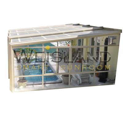 China Modern Safety Over Ground Folding UV Polycarbonate Gable Lean To Pool Enclosure for sale