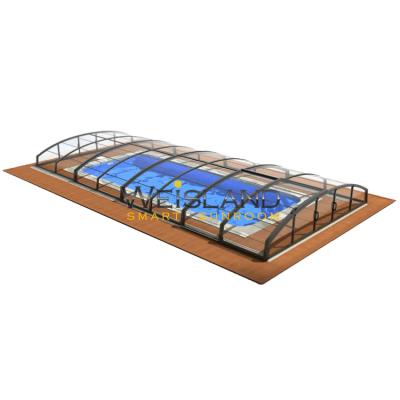 China Modern Automatic Retractable Transparent Pool Cover Telescopic Polycarbonate Curved Swimming Pool Fence for sale