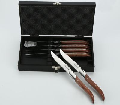 China Sustainable New design stainless steel wooden handle steak knives with wooden box for kitchen and dinning for sale