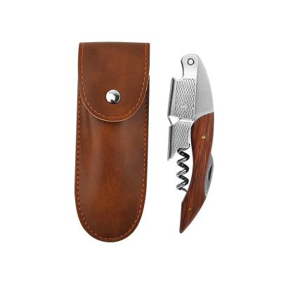 China Durable Amazon hot sale new design stainless steel wooden handle wing corkscrew with leather sheath for bar and kitchen for sale