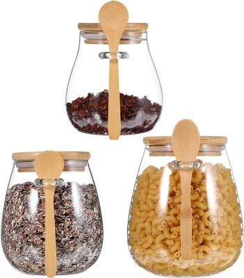 China Sustainable YOLOME HOME 4-Pack 350ml/12oz High Borosilicate Clear Bamboo Lid Round Belly Glass Jars with Spoon Kitchen Food Storage Jars for sale