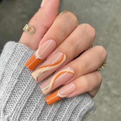 China Decorate New 3D Rectangular Wave OEM Nail Design Orange French Press Painting On ABS 24pcs/box FakeNails Full Cover Artificial Nail INS Full Cover for sale