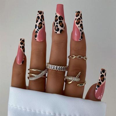 China Design Luxury Custom Leopard Printing Shiny Long Coffin Fast Shipping Press On Nail With Box Packing Artificial Nails for sale