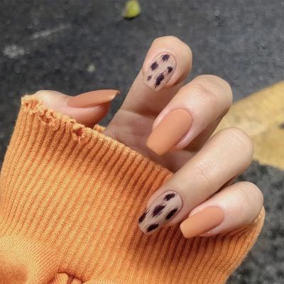 China Matte Square Design Coffin Press On Nails Orange Plastic Leopard FakeNails Reusable Strongest Artificial Nails for sale