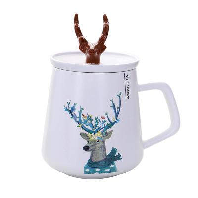 China 2021 New Style Nordic Creative Antler Sustainable CSI Ceramic Mugs With Lid And Handle Cartoon Mug Lovers Coffee Mug for sale