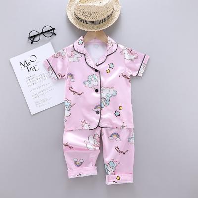 China OEM Family Feeling Little Girls Kid QUICK DRY Pajamas Sets 100% Silk Unicorn Pijamas Short Sleeve Toddler Satin Pajamas for sale