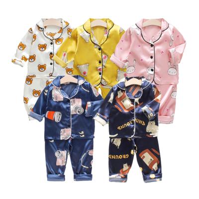 China Autumn cartoon animal pajamas kids boys girl cartoon bear satin sleepwear QUICK DRY silk print nightgowns for kids for sale