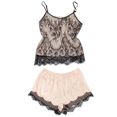 China 2021 New QUICK DRY Women Lace Up Pajama Shorts Set 2 Pcs Sleeveless Beige Color With Black Floral Lace For Ladies Loungwear for sale